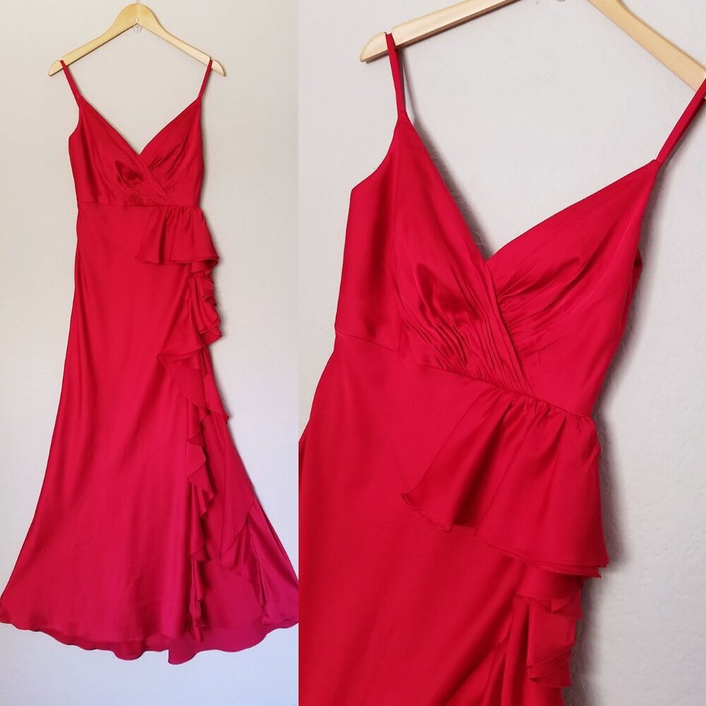 Mac Duggal Red Satin Ruffle Asymmetric Gown Maxi Dress Cocktail Party 67815 $338 - Picture 3 of 16